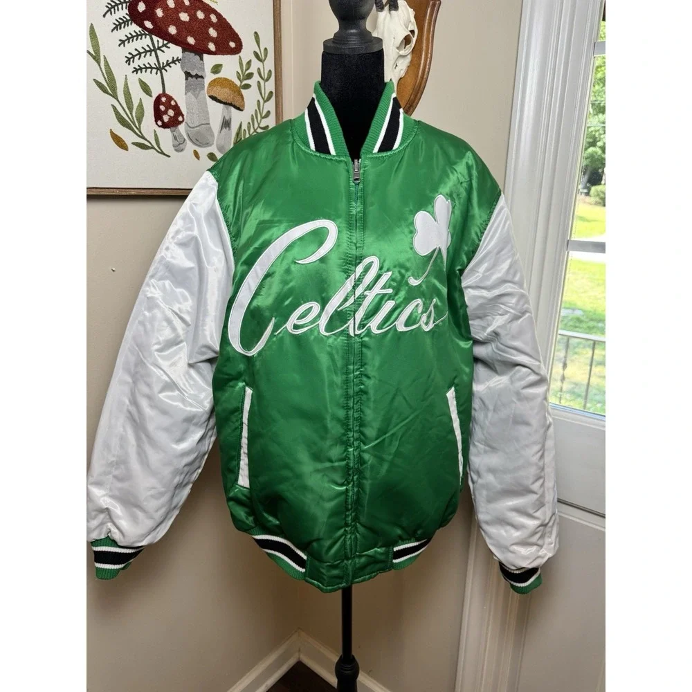 NBA Boston Celtics Reversible Varsity Bomber Jacket Green Black Embroidered Mens